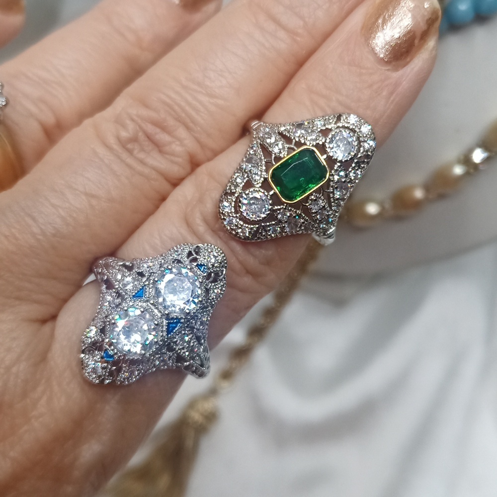 Vintage-Inspired Women’s Green and Clear Gemstone Ring - Unbranded